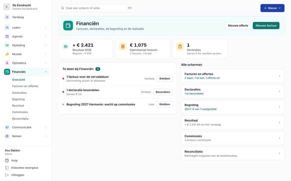 De werkruimte Financiën in het portaal